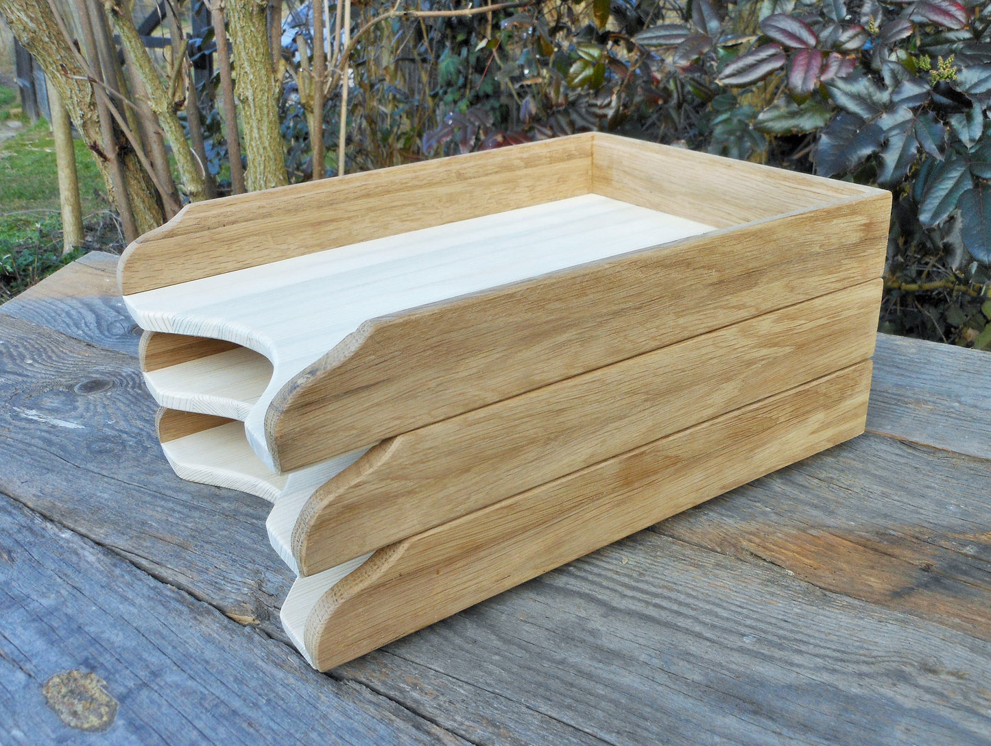 Schreibtischablagen unbehandelt aus uraltem Eichenholz und Nadelholz Desk shelves untreated made of ancient oak wood and coniferous wood